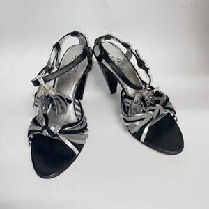 Bridget Shuster Black Silver Gray Leather Tassel Ankle Strap Heeled Sandals 7.5